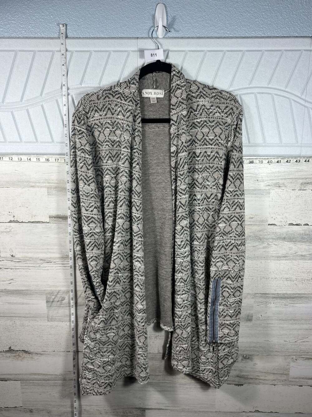 Knox Rose Womens Grey Black Aztec Pattern Zip Sleeve Open Front Waterfall Cardig